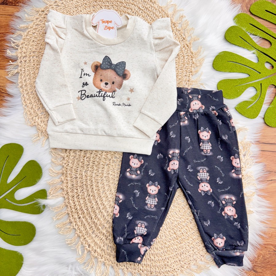 Conj. Blusa Moletom de Linho I'm So Beautiful e Calça Ursinhas - Areia e Preto